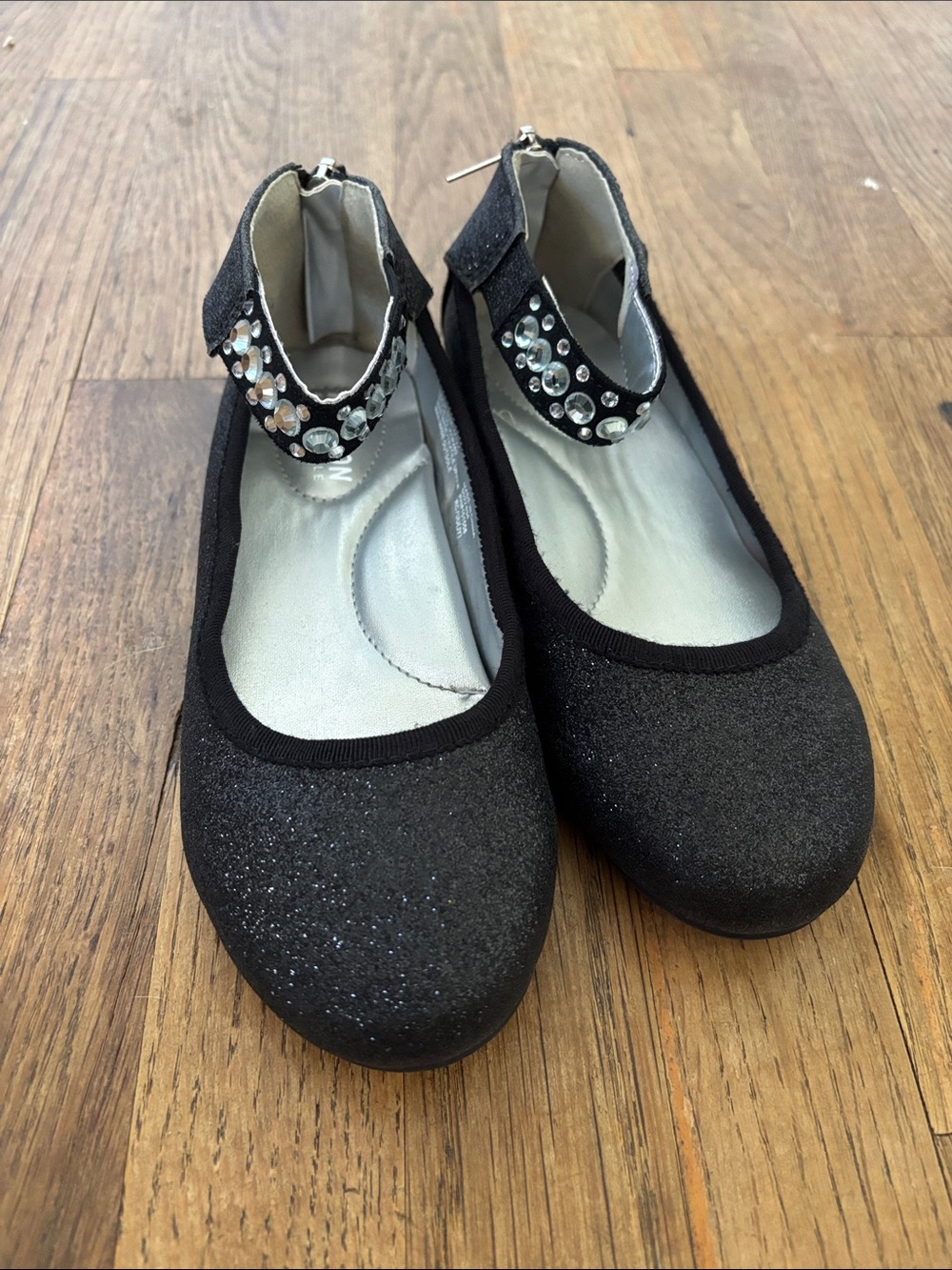 Kenneth Cole Reaction Black Glitter Ballet Flats with Rhinestone Ankle Strap
